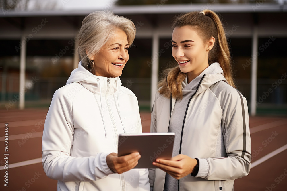 Happy female athlete with mentor coach looking at exercise progress in data on tablet. Female athlete with mentor coach talking about exercise progress at gym sport club. Happy female athlete with mentor coach looking at exercise progress in data on tablet. Female athlete with mentor coach talking about exercise progress at gym sport club.