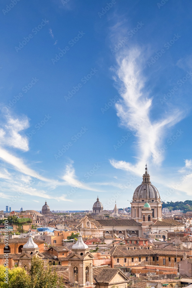 Rome, Italy. Urban landscape, blue sky with clouds, church exterior architecture