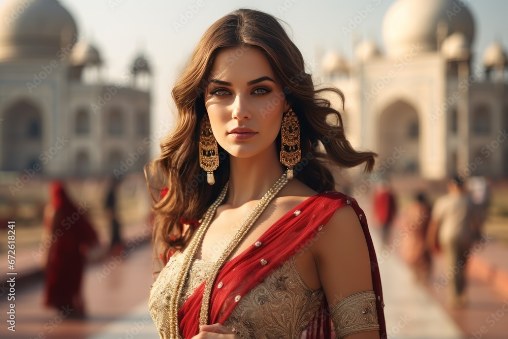 Beautiful Indian woman model in sari traditional dress with the Taj Mahal Palace in the background. Beautiful Indian woman model in sari traditional dress with the Taj Mahal Palace in the background.