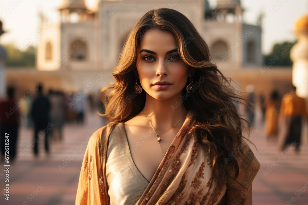 Fototapeta premium Beautiful Indian woman model in sari traditional dress with the Taj Mahal Palace in the background.