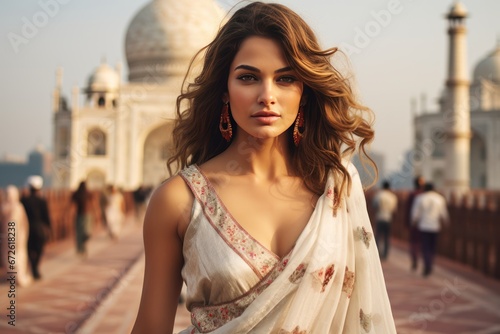 Beautiful Indian woman model in sari traditional dress with the Taj Mahal Palace in the background. © Attasit