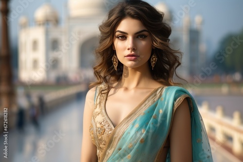 Beautiful Indian woman model in sari traditional dress with the Taj Mahal Palace in the background.