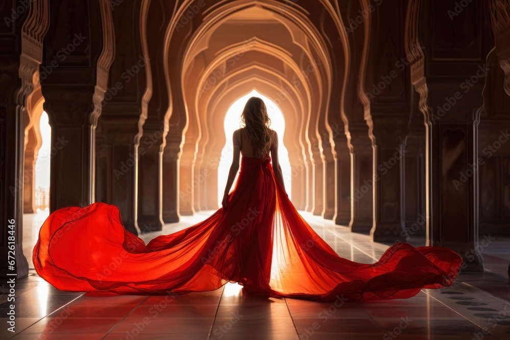 Portrait of young Indian woman model in red sari in Taj Mahal Agra Uttar Pra