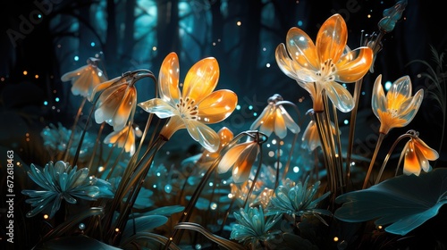 A surreal night jungle with glowing plants and snowdrops. Wonderful, fantastical, magical bioluminescent snowdrops. 3D rendering. Glow-in-the-dark flowers, 3D wallpaper. Floral background.