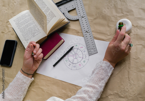 Hands of a woman over an astrological chart putting essential oil on the aromatherapy diffuser