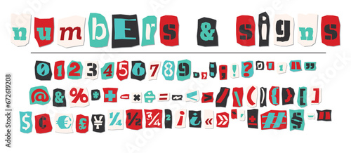 Ransom halftone collage style letters numbers and punctuation marks cut from newspapers and magazines. Vintage ABC collection. Red, black and white alphabet Typography vector illustration