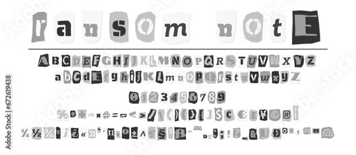 Ransom halftone collage style letters numbers and punctuation marks cut from newspapers and magazines. Vintage ABC collection. Black and white alphabet Typography vector illustration