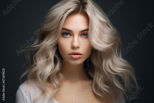 Beautiful looking young blonde woman with the middle length hair, wearing in a delicate makeup, Elegance and hairstyling