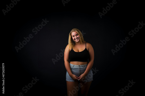 Teenage blonde woman confidently embracing obesity.