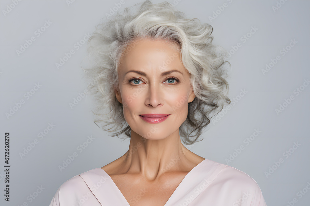 Beautiful elderly woman in her 50s or 60s with youthful appearance with gray hair