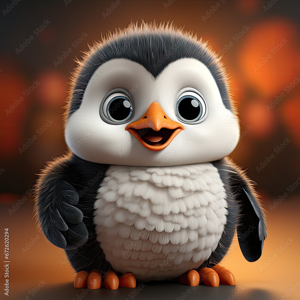3d illustration of penguin cartoon character for children. Cute fairy penguin print for clothing, stationery, books, merchandise. 3D toy baby penguin banner, 3D wallpaper, background. Generative ai