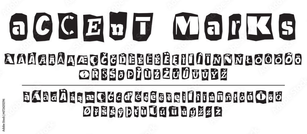 Obraz premium Ransom halftone collage style letters numbers and punctuation marks cut from newspapers and magazines. Vintage ABC collection. Black and white alphabet Typography vector illustration