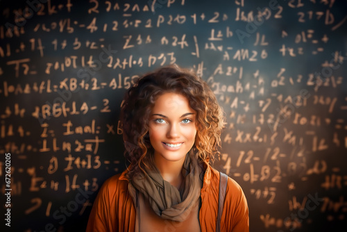 Young Student Finding Joy in Advanced Quality Education, Standing Against Lecture Blackboard