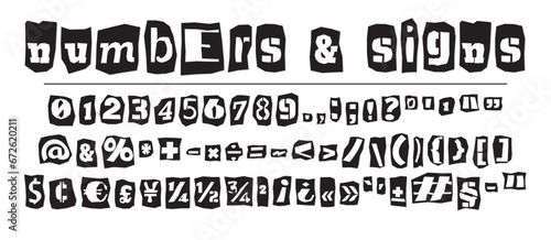 Ransom halftone collage style letters numbers and punctuation marks cut from newspapers and magazines. Vintage ABC collection. Black and white alphabet Typography vector illustration