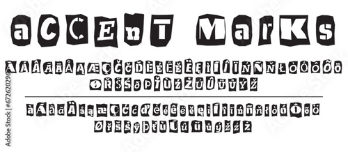 Ransom halftone collage style letters numbers and punctuation marks cut from newspapers and magazines. Vintage ABC collection. Black and white alphabet Typography vector illustration