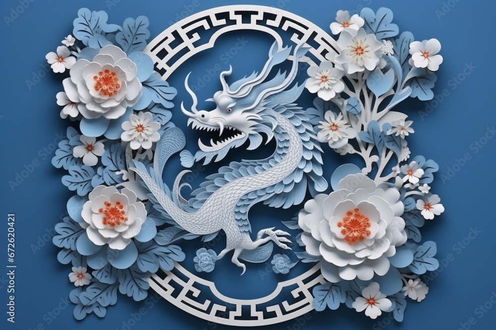 Obraz premium Paper cut of Chinese dragon statue with flower decoration on blue background.