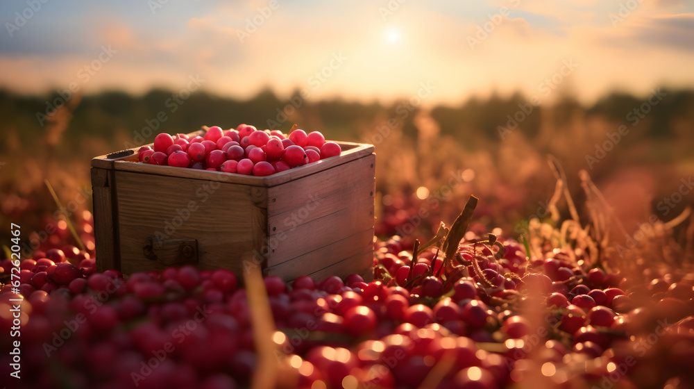 Cranberries harvested in a wooden box in a farm with sunset. Natural organic fruit abundance. Agriculture, healthy and natural food concept. Horizontal composition. - obrazy, fototapety, plakaty 