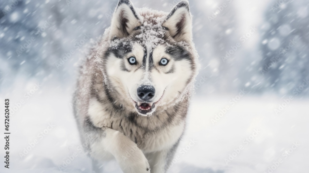 Gray Siberian Husky walking in the snow towards the viewer. AI-generated.