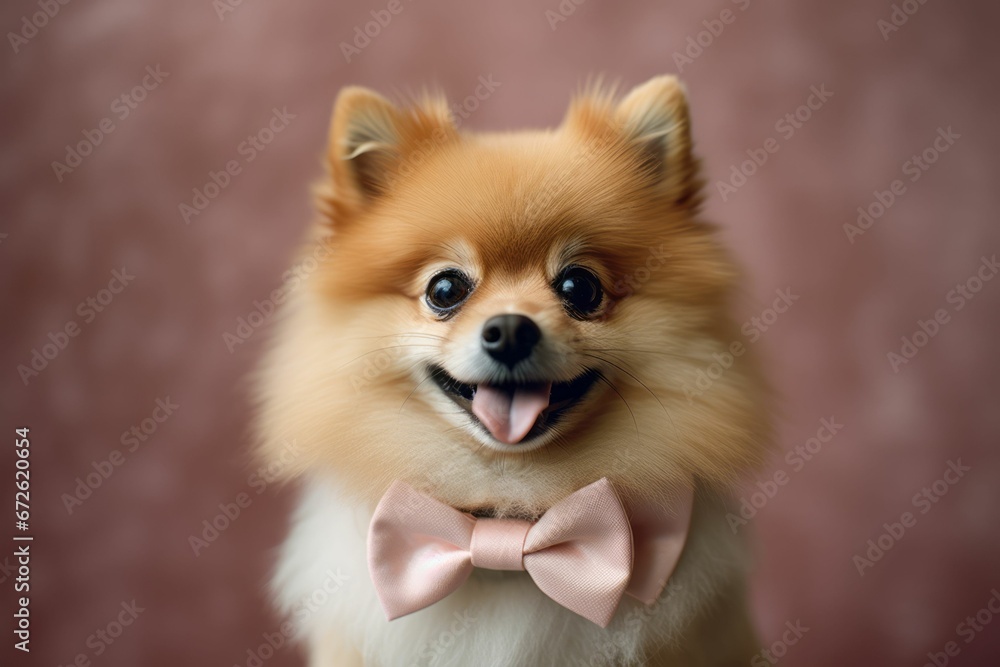 Close-up portrait of a cute Pomeranian dog wearing a pink bowtie. AI-generated.