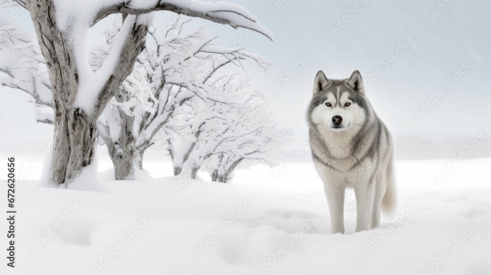 Majestic gray wolf stands in a wintery landscape. AI-generated.