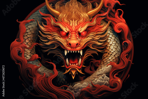 Dragon head with fire and smoke on black background. Digital painting.