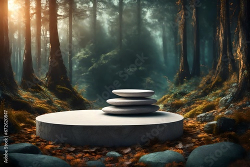 Flat stone podium in the magical forest , empty round stand background-