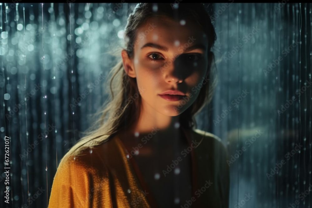 Beauty Footage in a Dark Space with Rain Drops on Glass: Young Female Poses with Confidence, Looking Straight into Camera, Standing Behind a Wet Glass Wall with Small Waterfalls