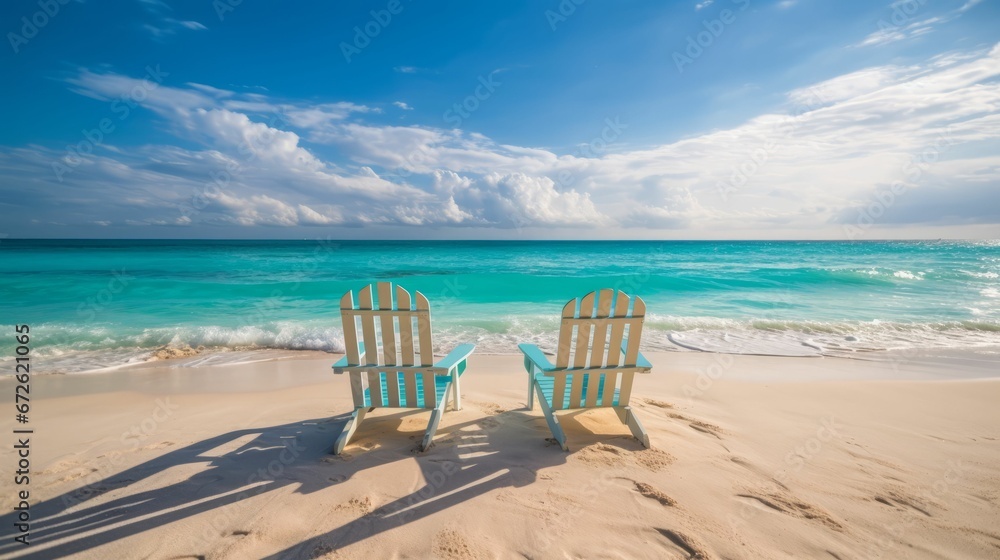 Idyllic beachside scene featuring two empty chairs on the sandy shore. AI-generated.