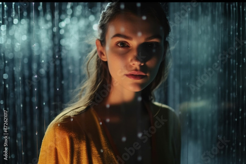Beauty Footage in a Dark Space with Rain Drops on Glass: Young Female Poses with Confidence, Looking Straight into Camera, Standing Behind a Wet Glass Wall with Small Waterfalls