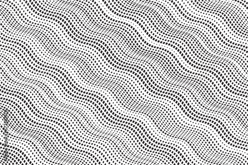 Square halftone wavy background. Diagonal, oblique, slanting wavy square dots lines, stripes geometric vector pattern. Abstract halftone texture and background. Vector illustration. 
