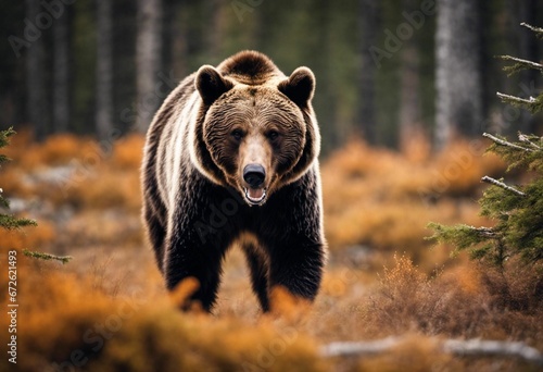 Majestic brown bear striding through an idyllic meadow, AI-generated.