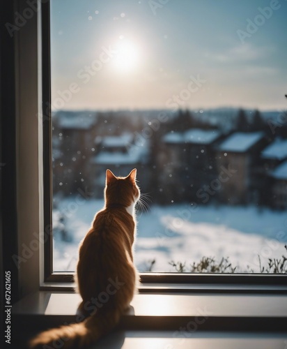 Cat looking at a winter landscape through a window.