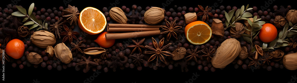 Christmas spices, fruit pieces, baubles, seeds and leaves abstract background. Horizontal composition, banner. Christmas spices, fruit pieces, baubles, seeds and leaves abstract background. Horizontal composition, banner.