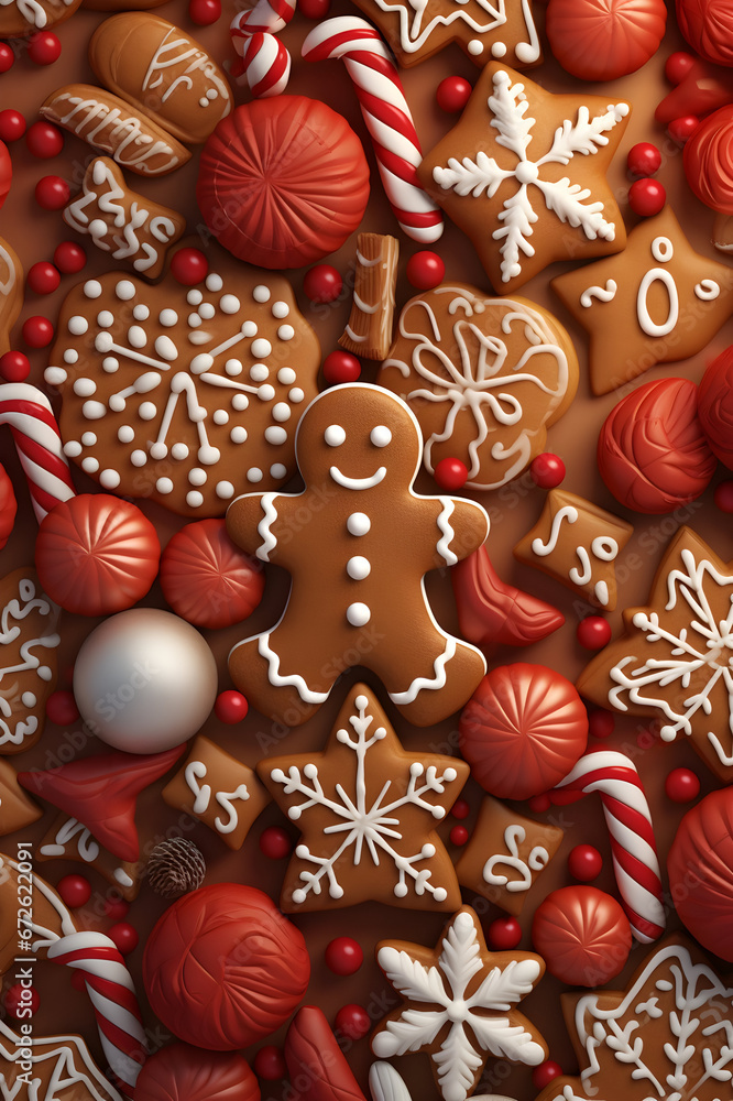 Abstract background with Christmas gingerbread pieces and cookies on brown background. Vertical composition.