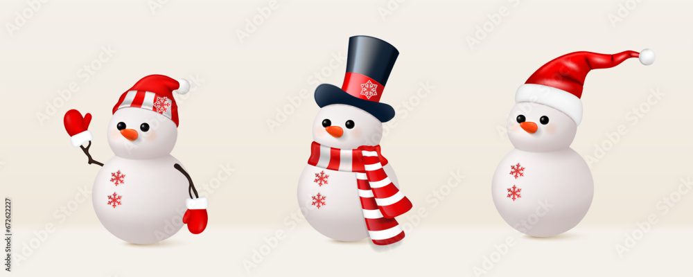 Set of snowmen with santa hat, scarf, isolated Set of snowmen with santa hat, scarf, isolated