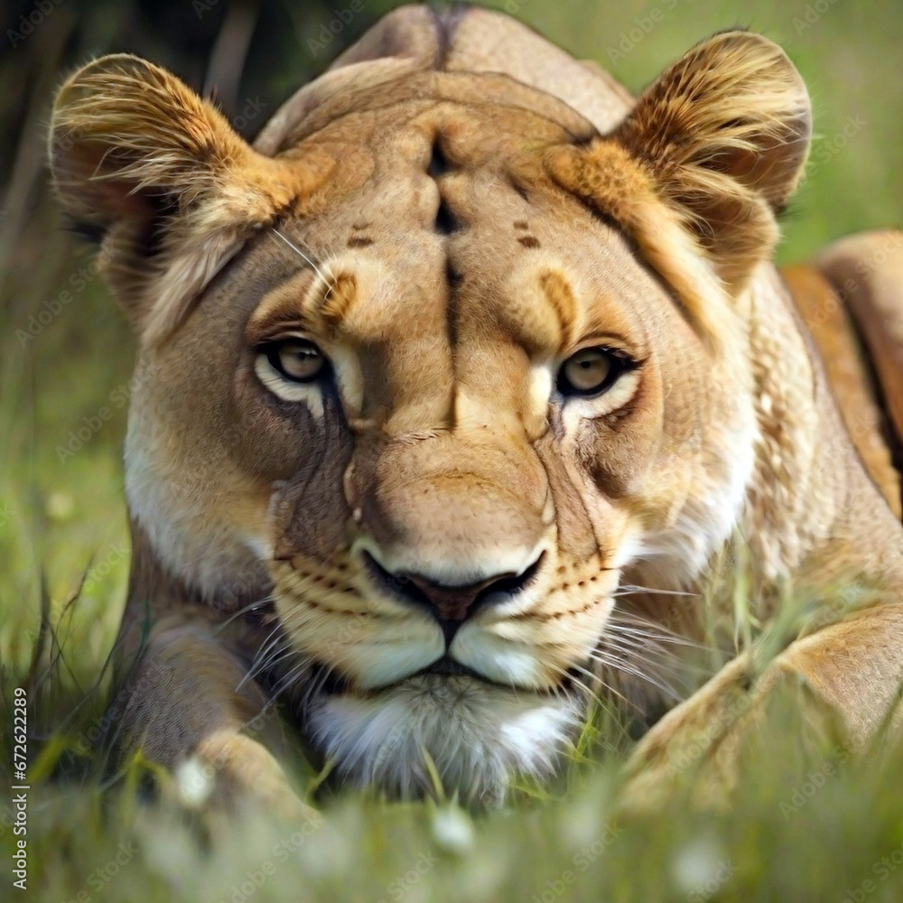 Fototapeta premium Lioness on the grass. Created using generative AI tools