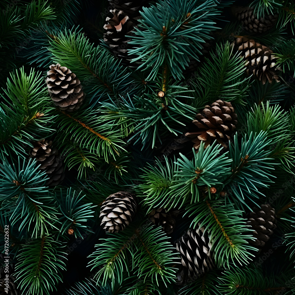 Fir branches and cones green needle abstract background Christmas texture. Square composition. Fir branches and cones green needle abstract background Christmas texture. Square composition.