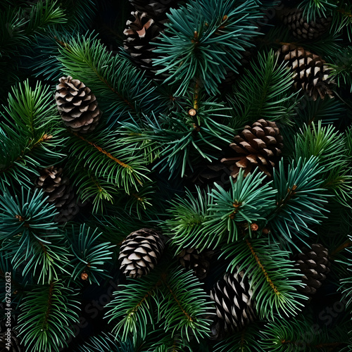 Fir branches and cones green needle abstract background Christmas texture. Square composition.