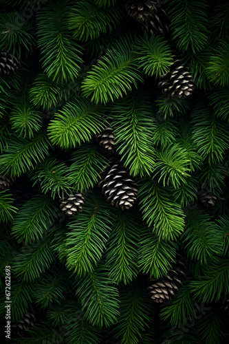 Fir branches and cones green needle abstract background Christmas texture. Vertical composition.