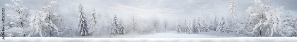 Abstract wihter forest with snowfall and snowflakes in winter. Horizontal composition.