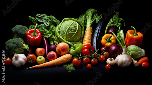 Various types of vegetables on a black surface.
