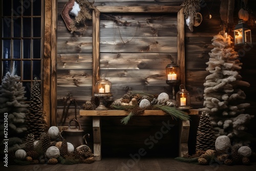 AI generated illustration of a Christmas background featuring an array of traditional decorations