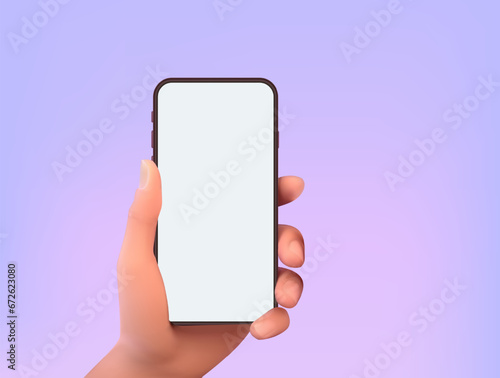Holding phone hand mockup on a background. Editable smartphone template. Touching screen Vector illustration