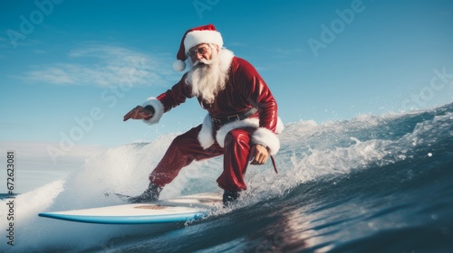 Santa Claus on a surfboard in ocean blue water. Merry Christmas and Happy New Year concept.