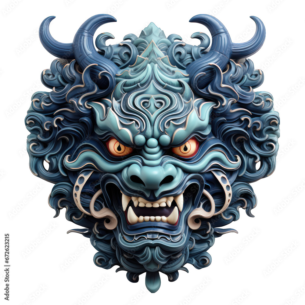 Oni Mask in Striking Blue Hue Isolated on Transparent or White Background, PNG