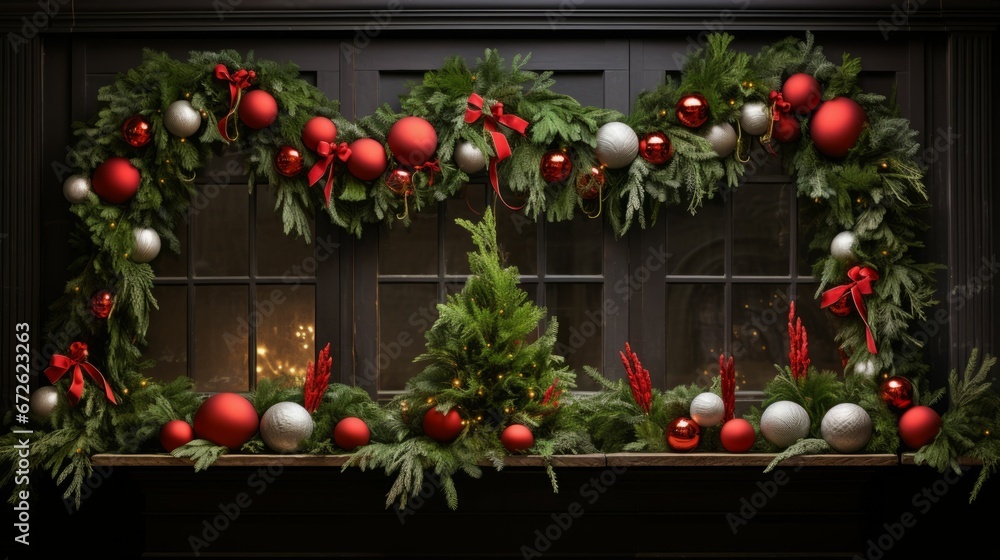 AI generated illustration of a Christmas background featuring an array of traditional decorations AI generated illustration of a Christmas background featuring an array of traditional decorations
