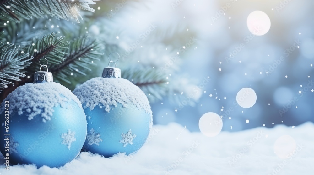 Blue balls on fir branches, winter snowy background. festive winter season background, copy space.