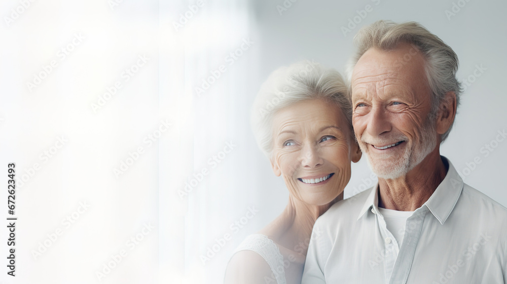 caucasian elderly couple pensioners smiling and spending happy time together in a new bright apartment interior with copy space. old people love and look into each other's eyes. care elderly. Ai. - obrazy, fototapety, plakaty 