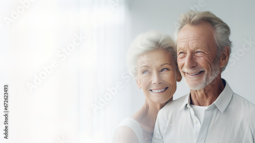 caucasian elderly couple pensioners smiling and spending happy time together in a new bright apartment interior with copy space. old people love and look into each other's eyes. care elderly. Ai.