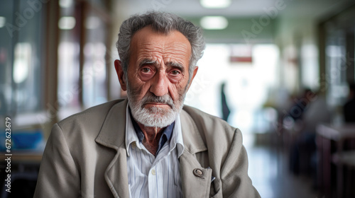 The shortage of doctors leaves the elderly man waiting sadly for medical assistance at the hospital